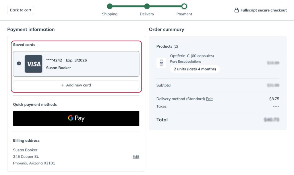 Selecting a payment method in the Payment step of the checkout process.