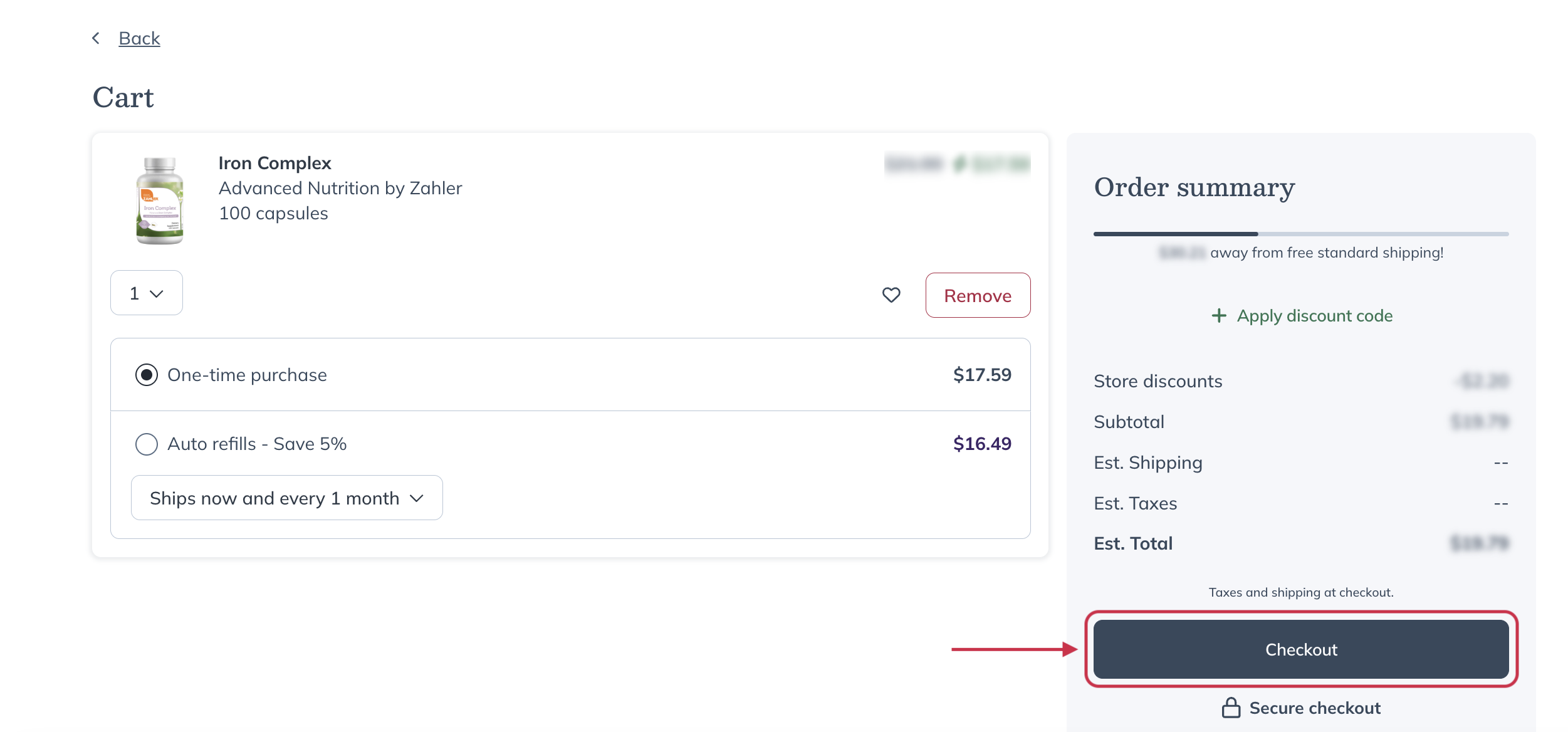 Reviewing the shopping cart before continuing to checkout.