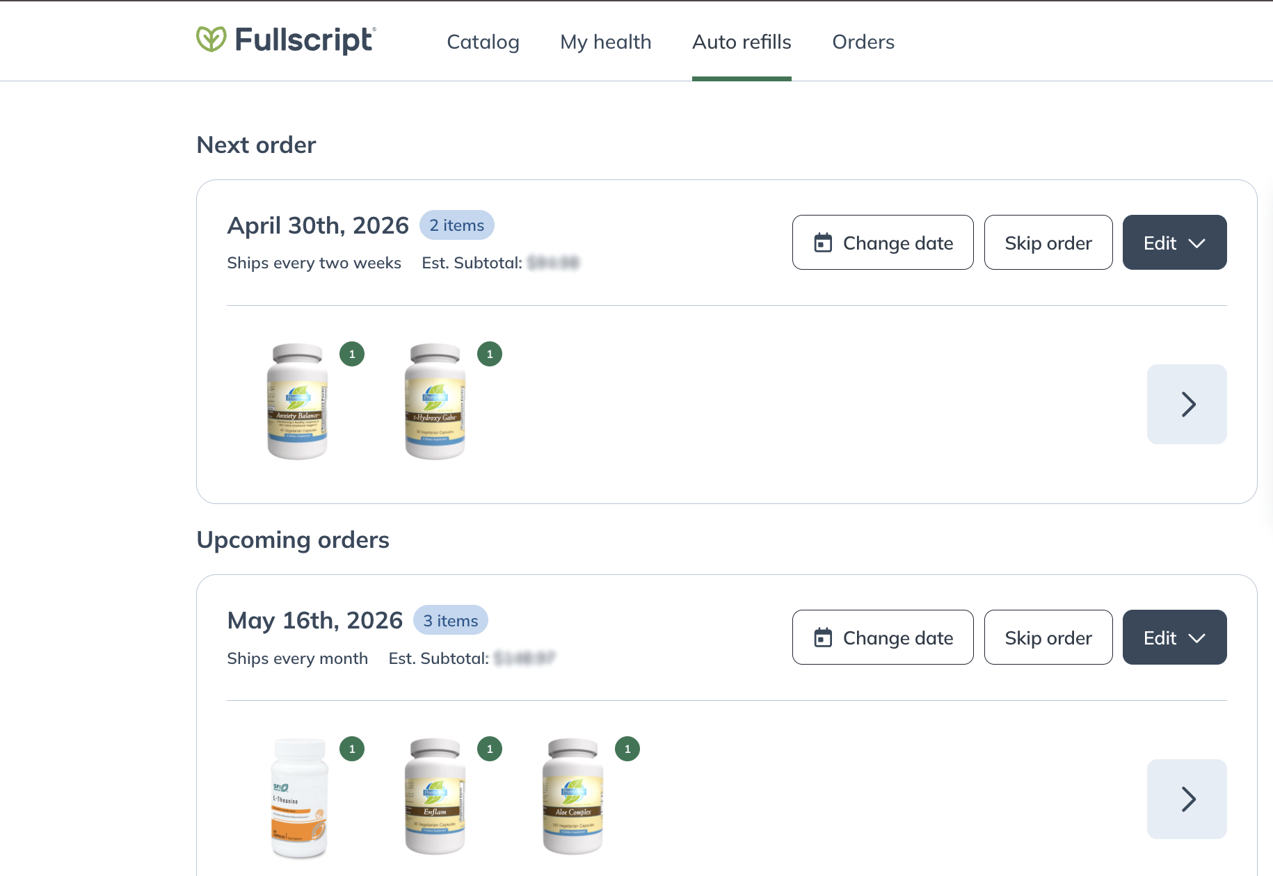 A consolidated auto refill order where products have different frequencies.