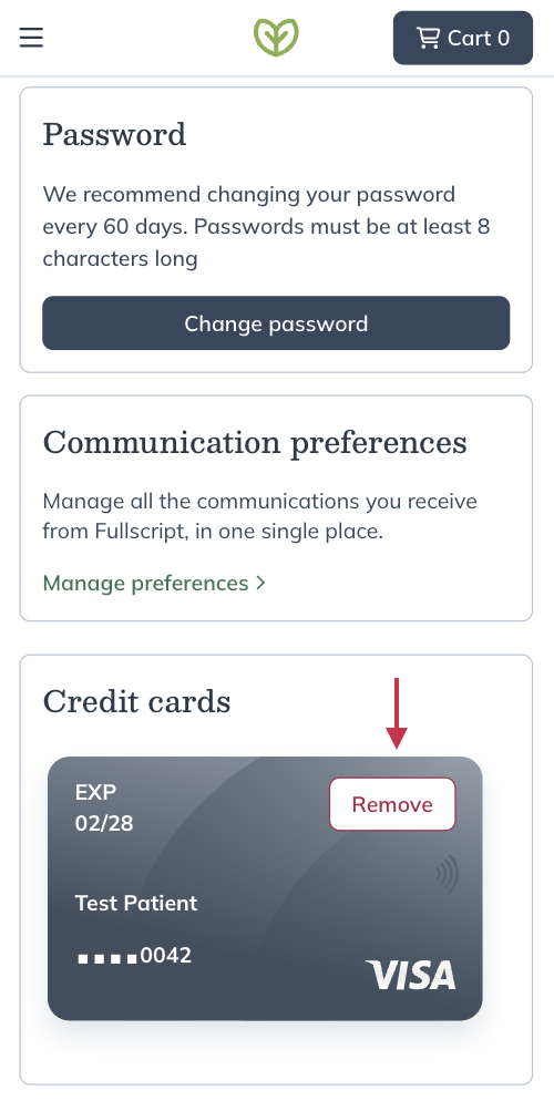 Removing a saved credit card from a patient account.