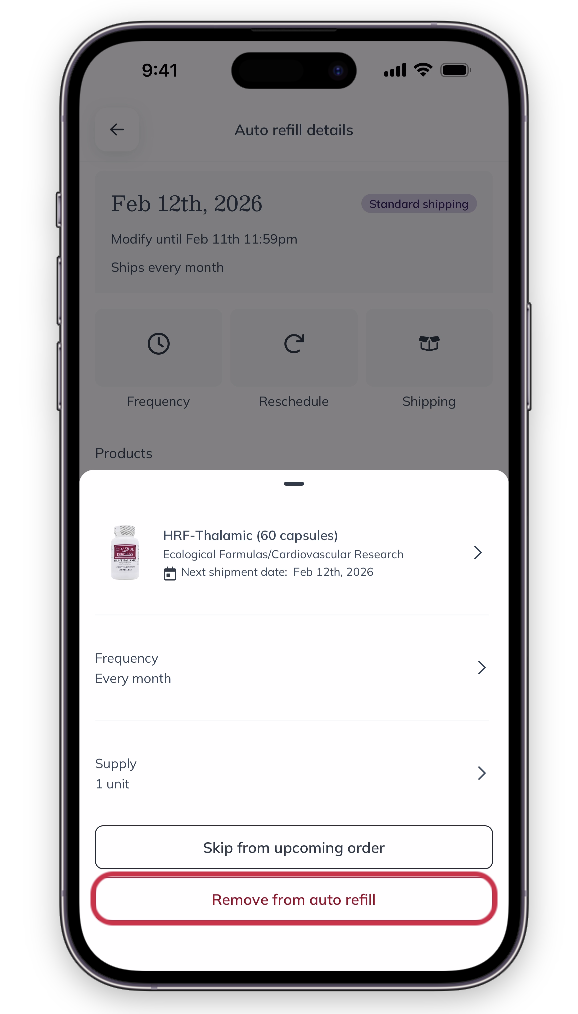 Tap to remove from auto refill.