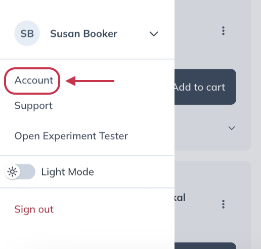 Selecting Account to access the My account page.