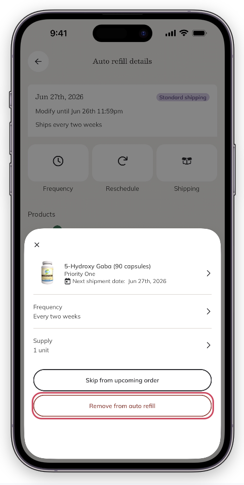 Tap to remove from auto refill.