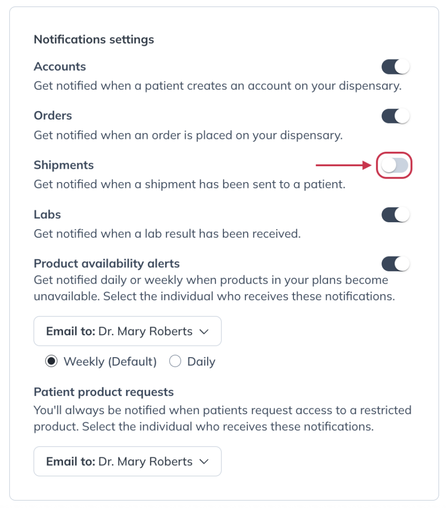 Practitioner notification settings with shipment notifications turned off.