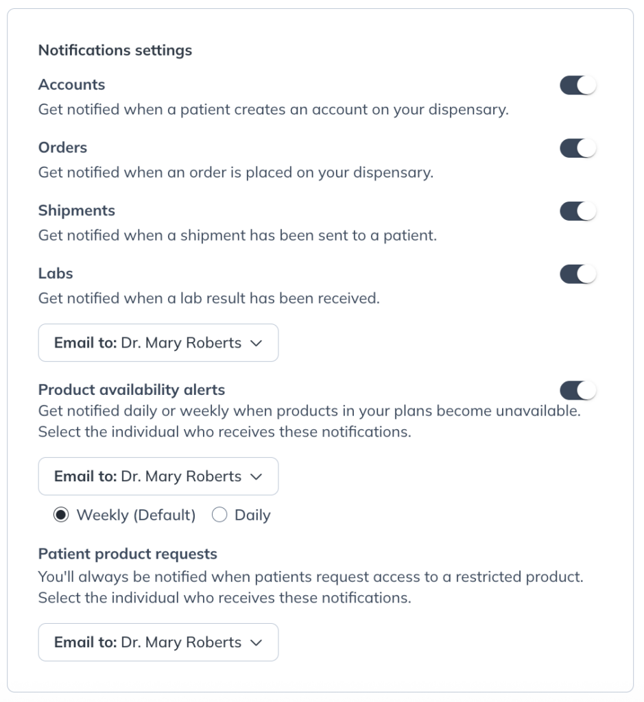 Practitioner notification settings with all notifications turned on.