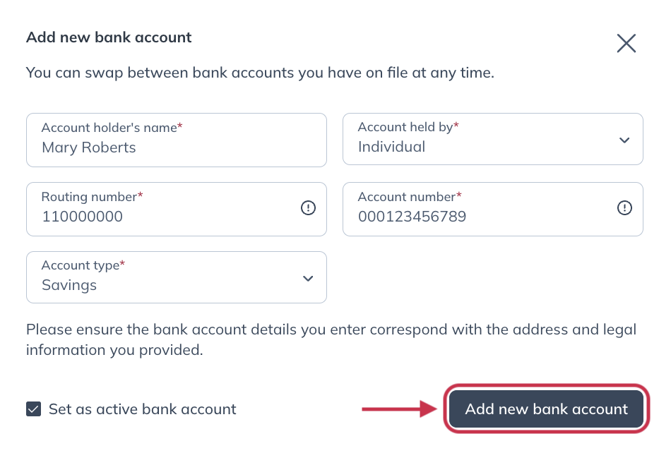 Click Add new bank account.
