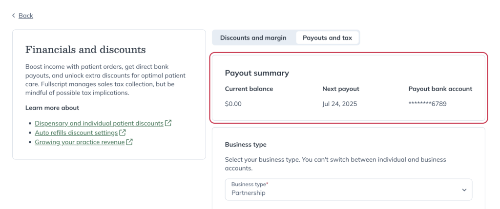 Viewing payout details in the Payouts and tax tab of the Financials and discounts page in a US dispensary.