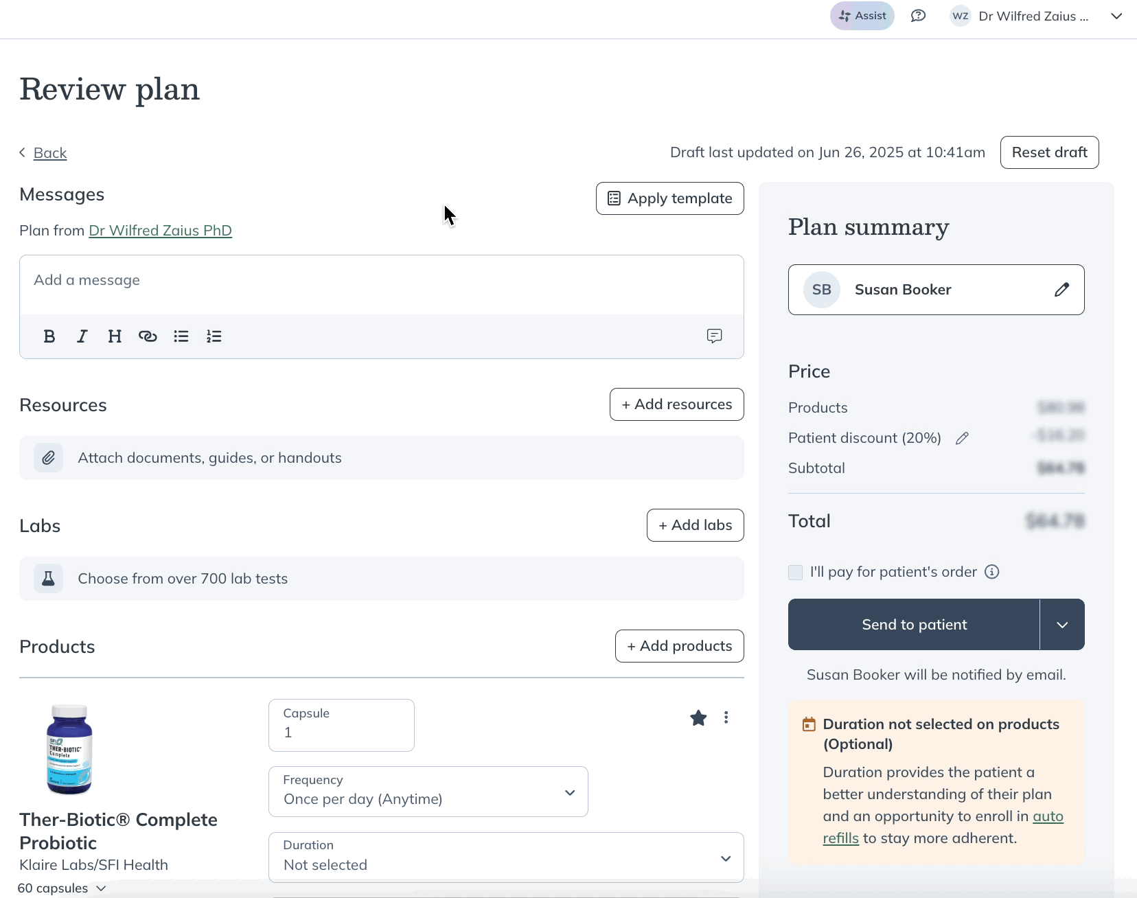 Viewing current supplements and medications in the plan building tool.