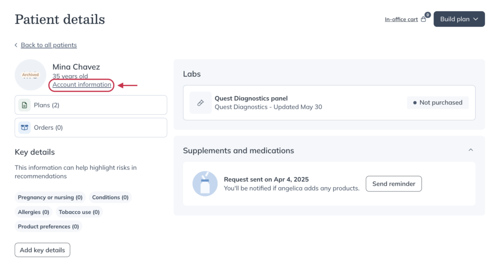 Clicking Account information in the profile of an archived patient.