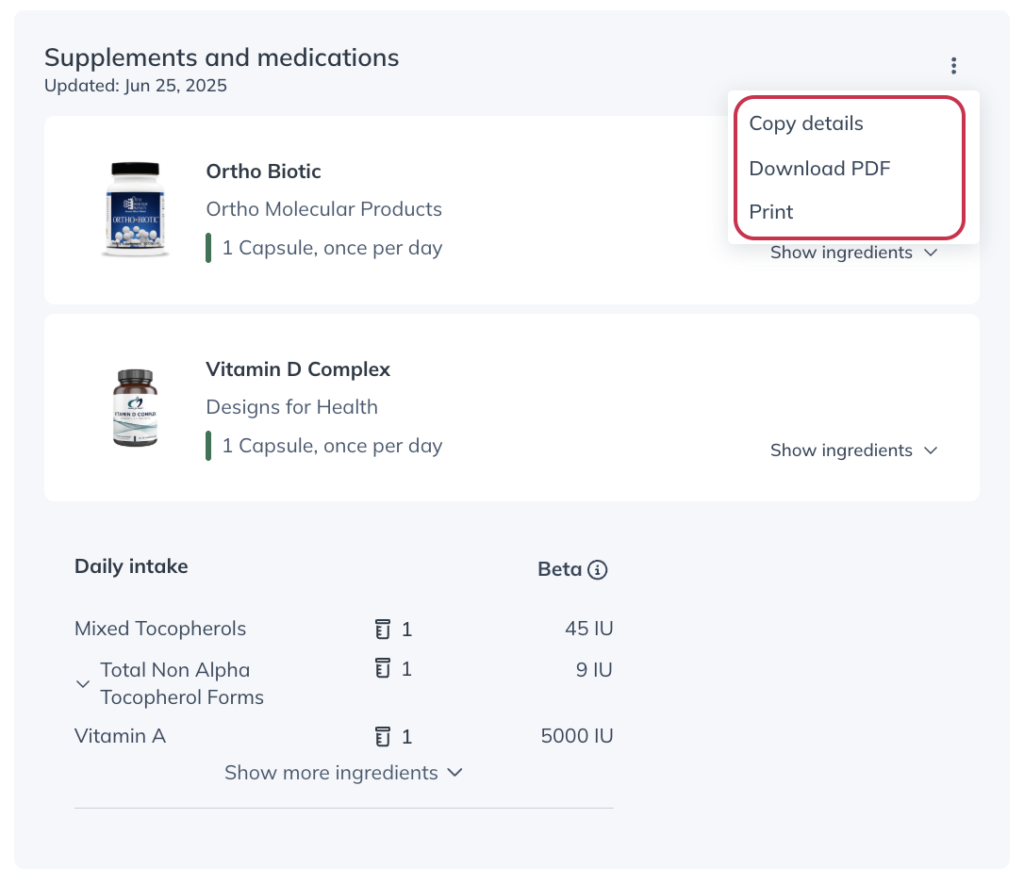Exporting current supplement and medication data from a patient profile.
