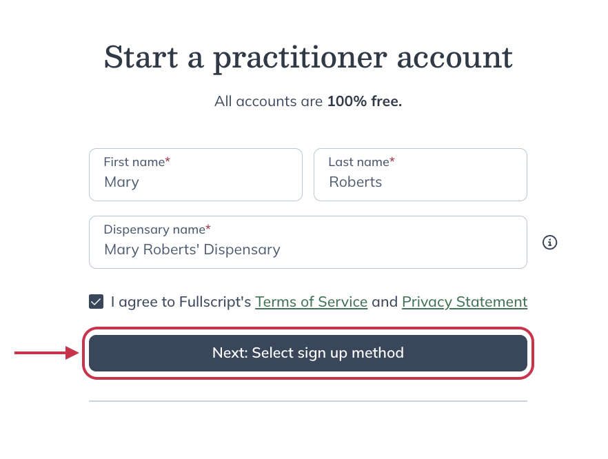 Click Next: Select sign up method.