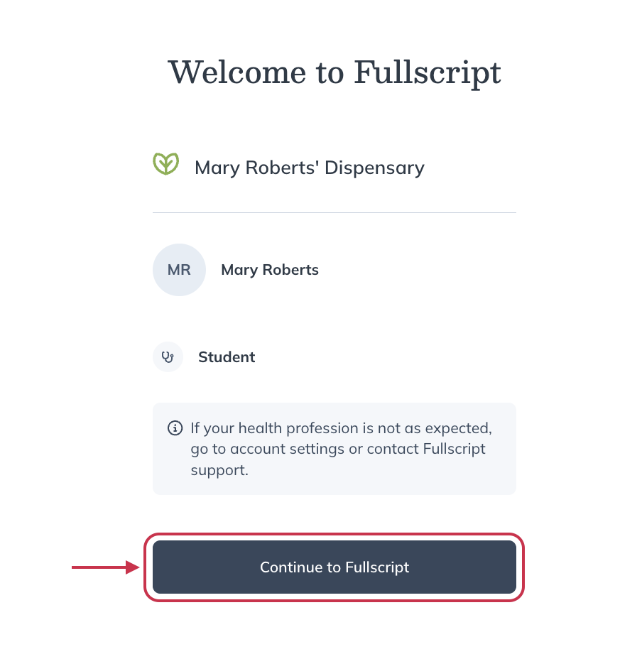 Click Continue to Fullscript.