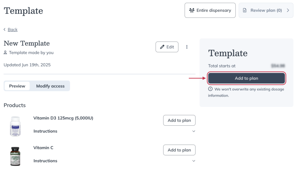 Adding a template to a multi-patient plan.