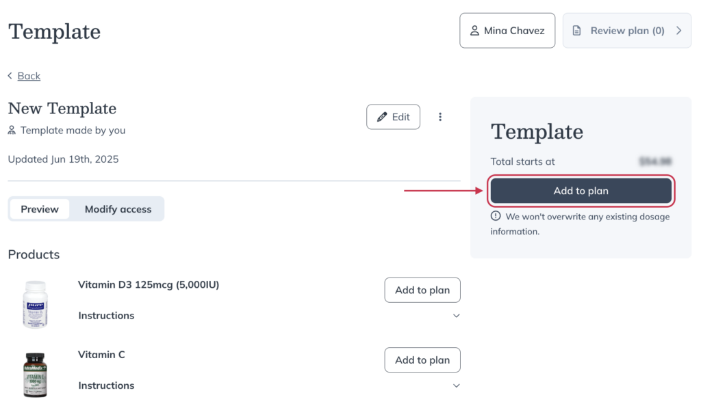 Adding a template to a plan.