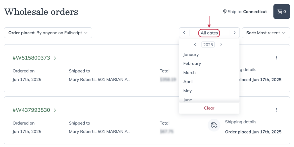 Filtering Wholesale orders by date.