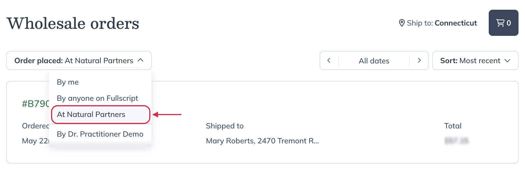 Navigating to your Natural Partners order history from the Wholesale orders page on Fullscript.