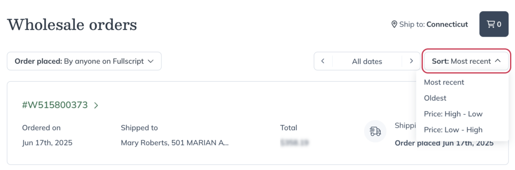 Using the Sort feature in your Wholesale order history.