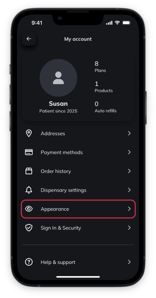 Selecting Appearance from the menu on the iOS app.
