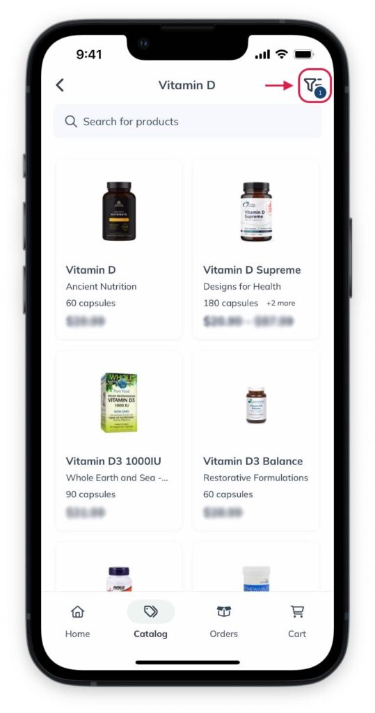 Searching the catalog using an ingredient filter.