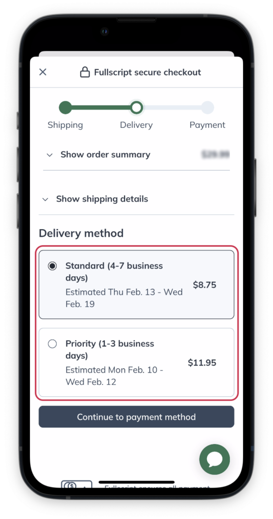 Delivery method selection in checkout.