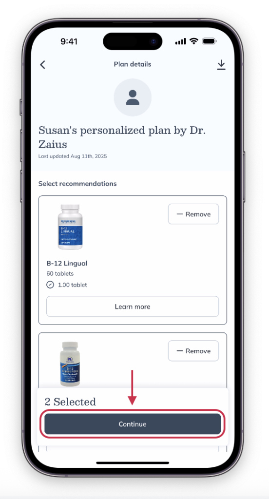 Tap Continue to add products to your cart.
