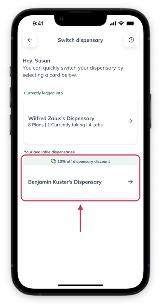 Selecting a different dispensary.