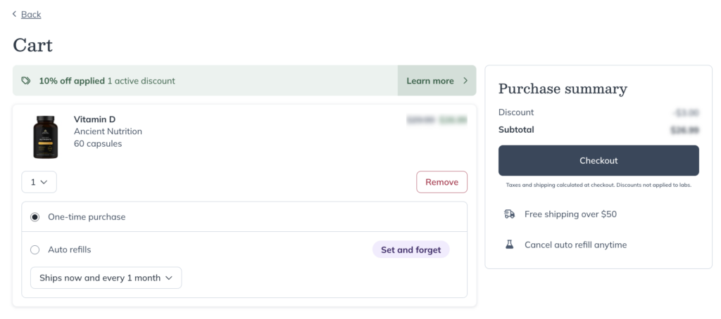 Viewing your cart in your account using a desktop.
