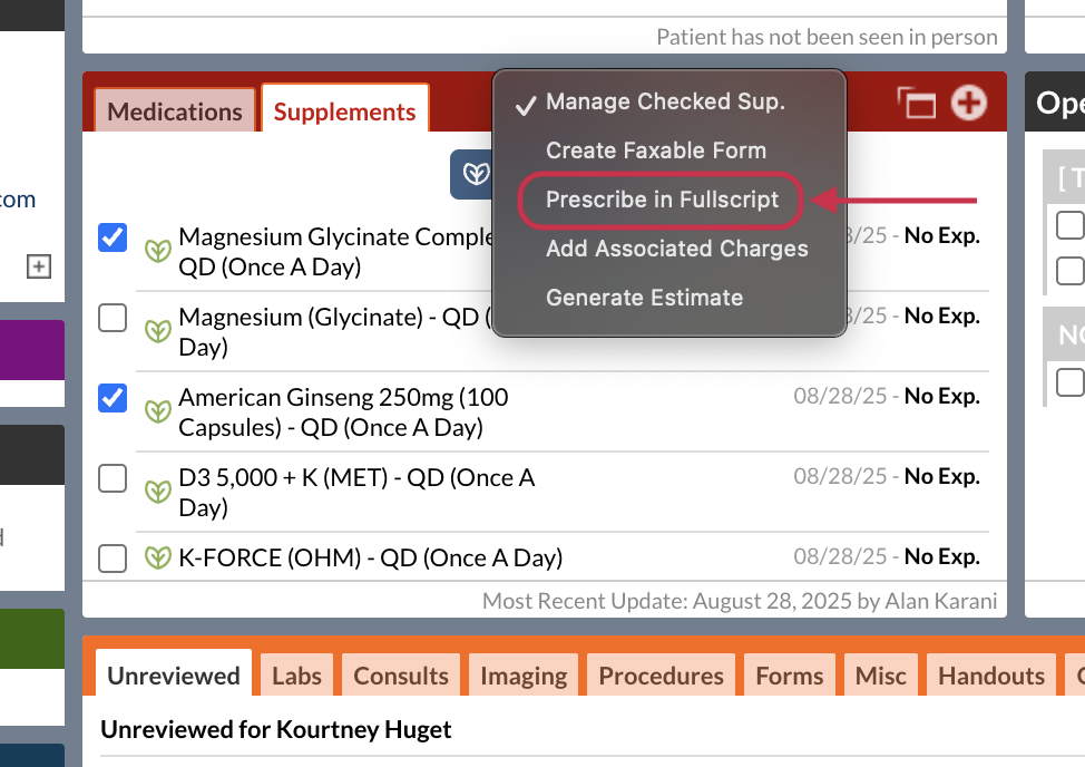 Click Prescribe in Fullscript.
