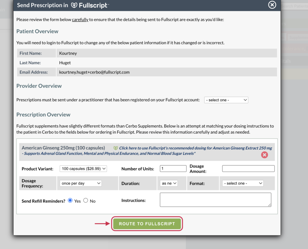 Click Route to Fullscript.