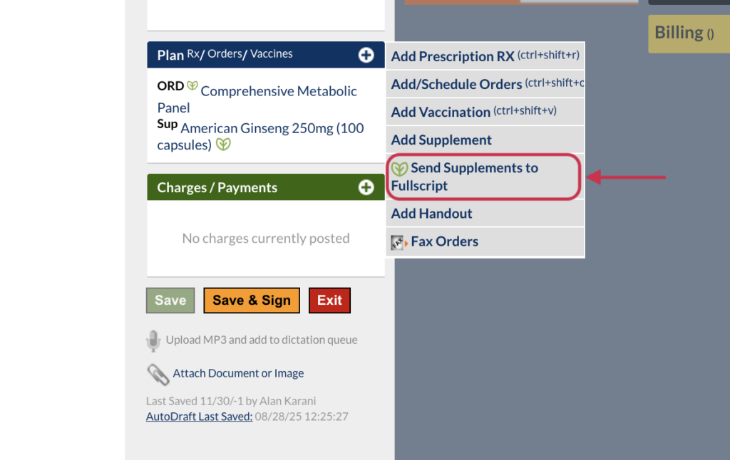 Click Send Supplements to Fullscript.