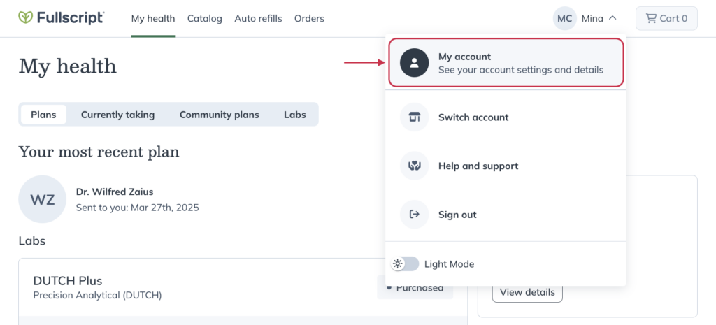 Accessing the my account page.