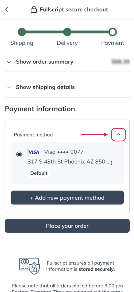 An expanded payment method menu. 