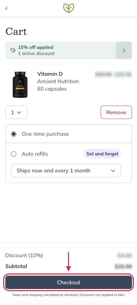 Tap Checkout to place an order.
