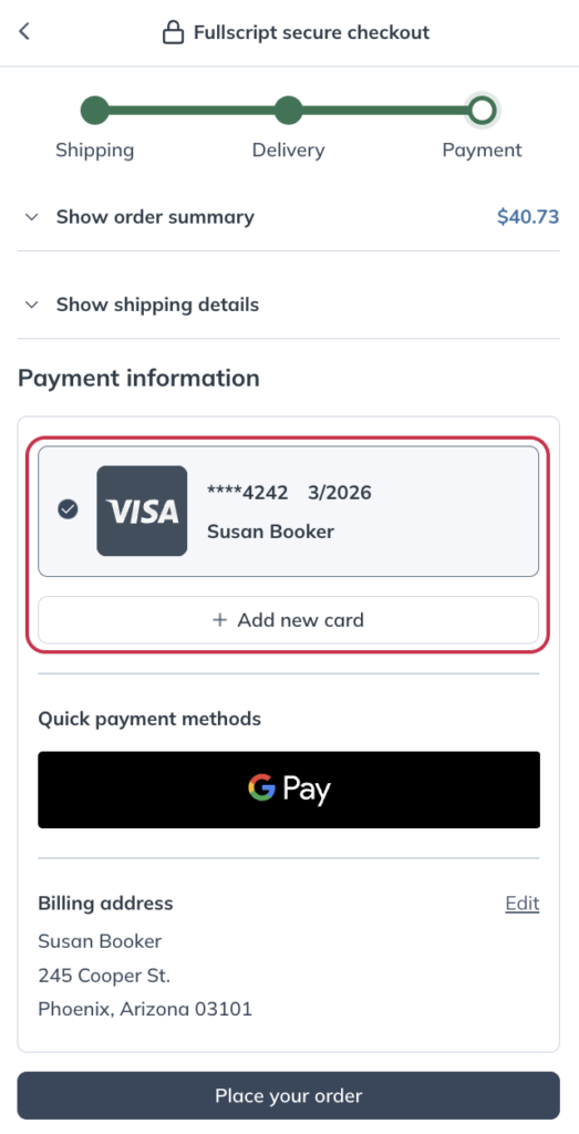 Selecting a payment method in the Payment step of the checkout process.