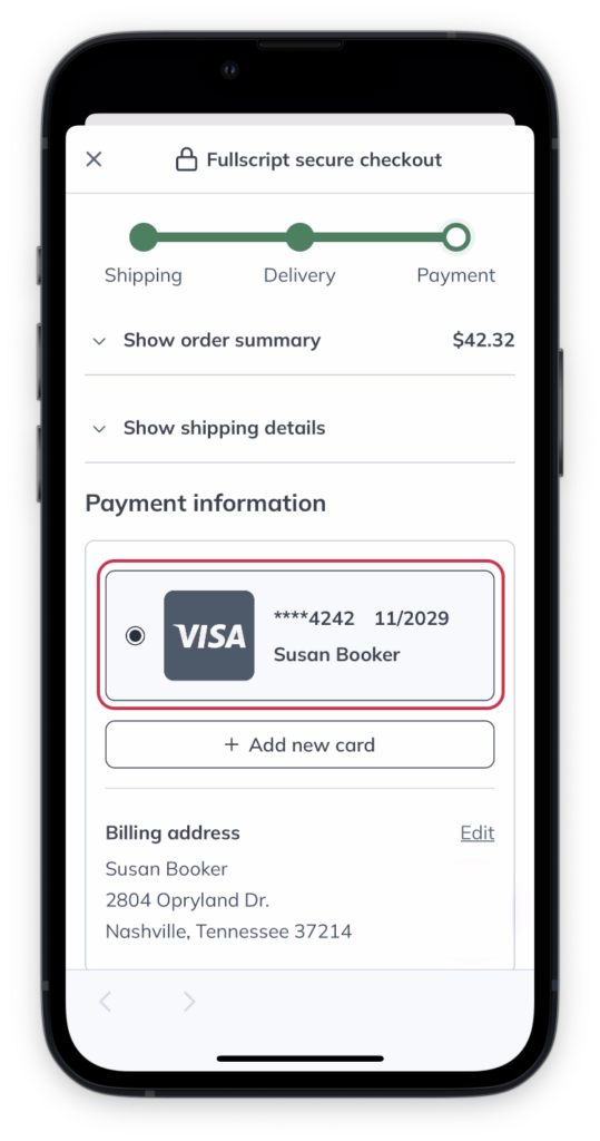 Selecting a payment method in the Payment step of the checkout process.