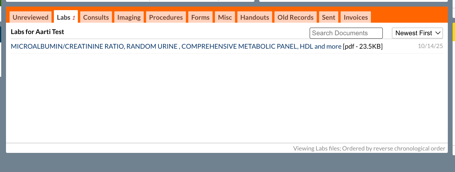 Imported Lab Results section of the Cerbo home/scheduling page.