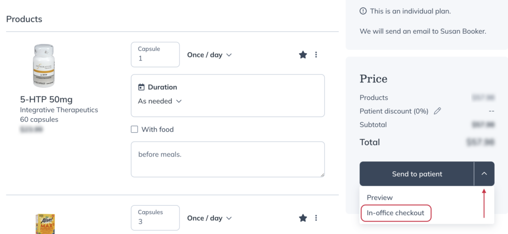 Starting in-office checkout from within the supplement plan tool.