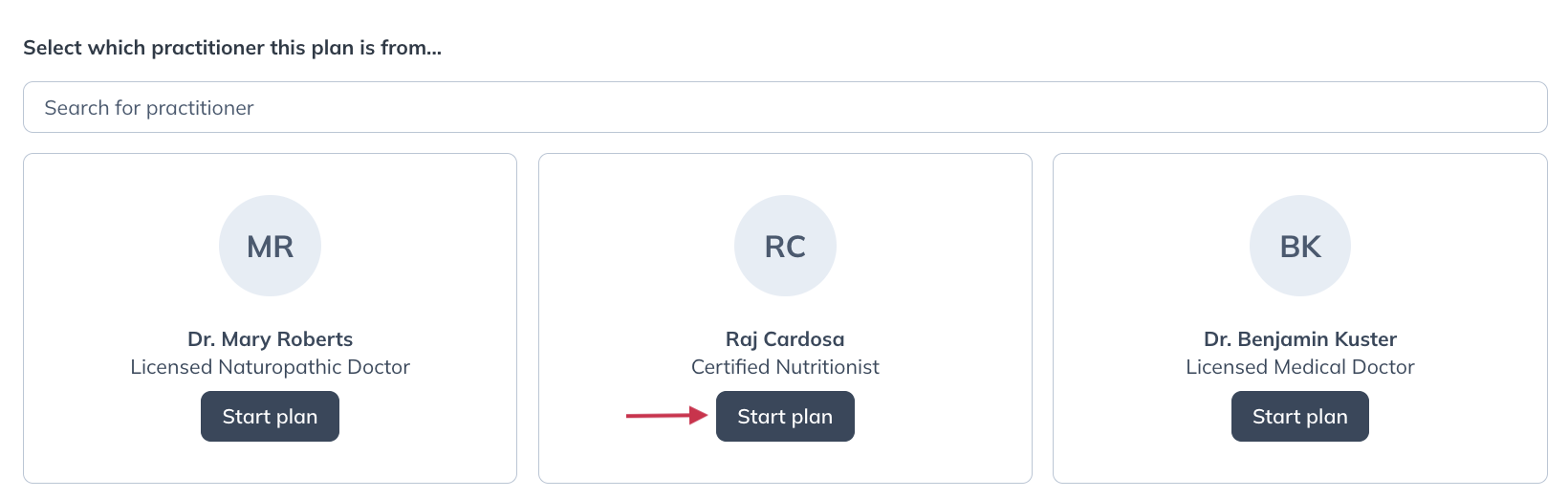 Selecting the practitioner you're writing the plan for.
