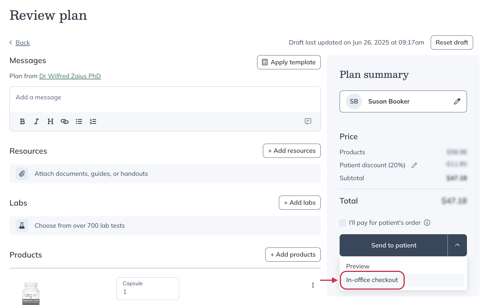 Starting in-office checkout from within the plan building tool.