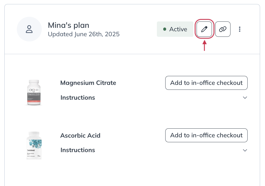 Clicking Edit on an active plan in a patient profile.