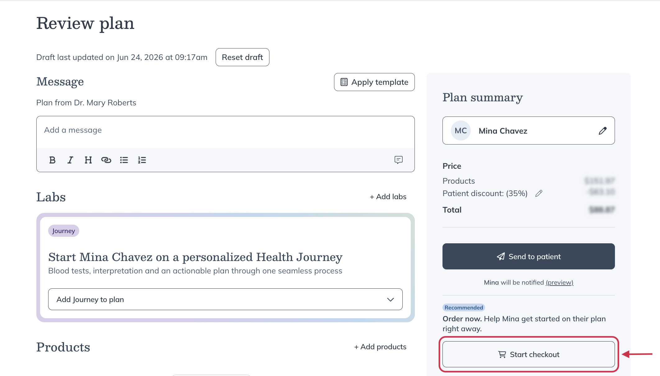 Starting in-office checkout from within the plan building tool.