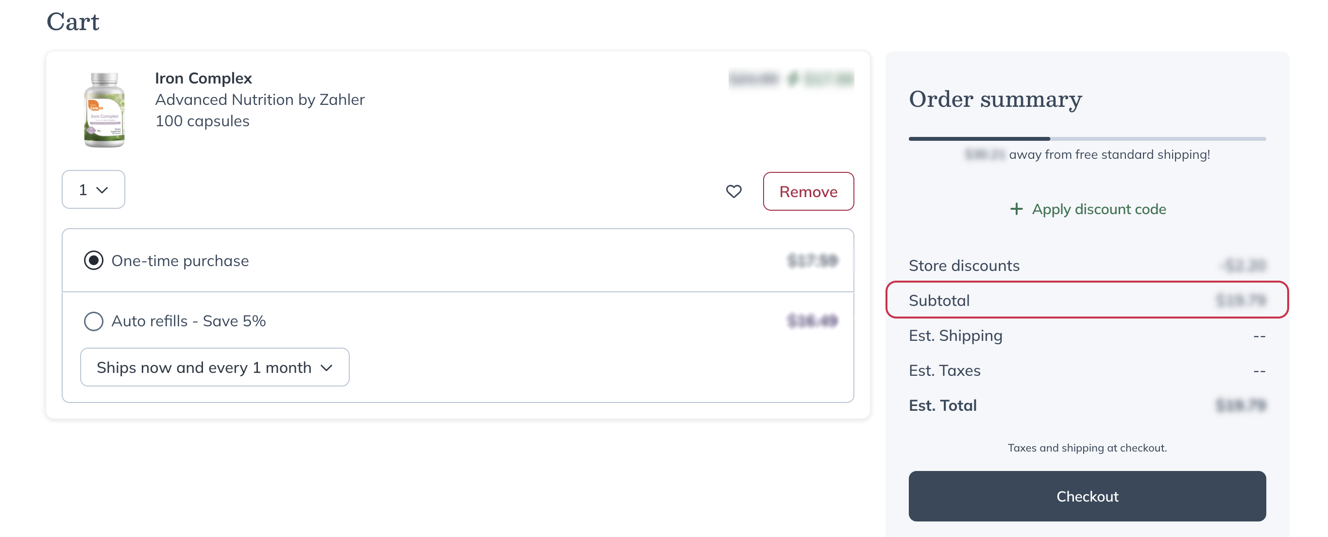Reviewing the cart subtotal.