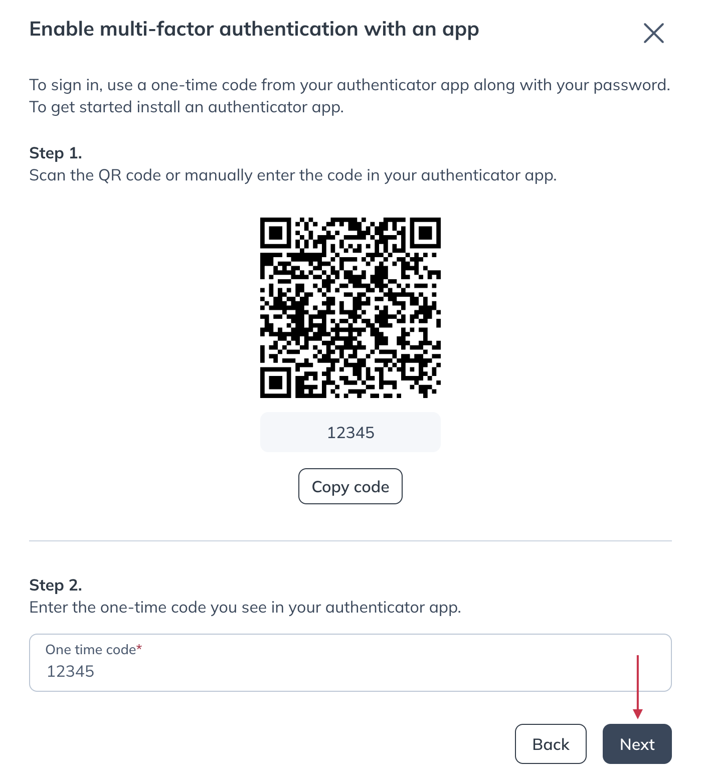 Using your mobile device, scan the QR code or manually enter the code in your authenticator app and click confirm