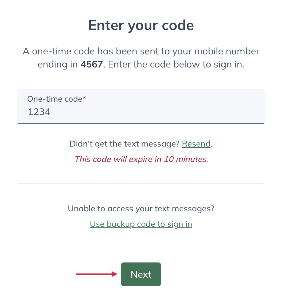 enter your one-time code and click next