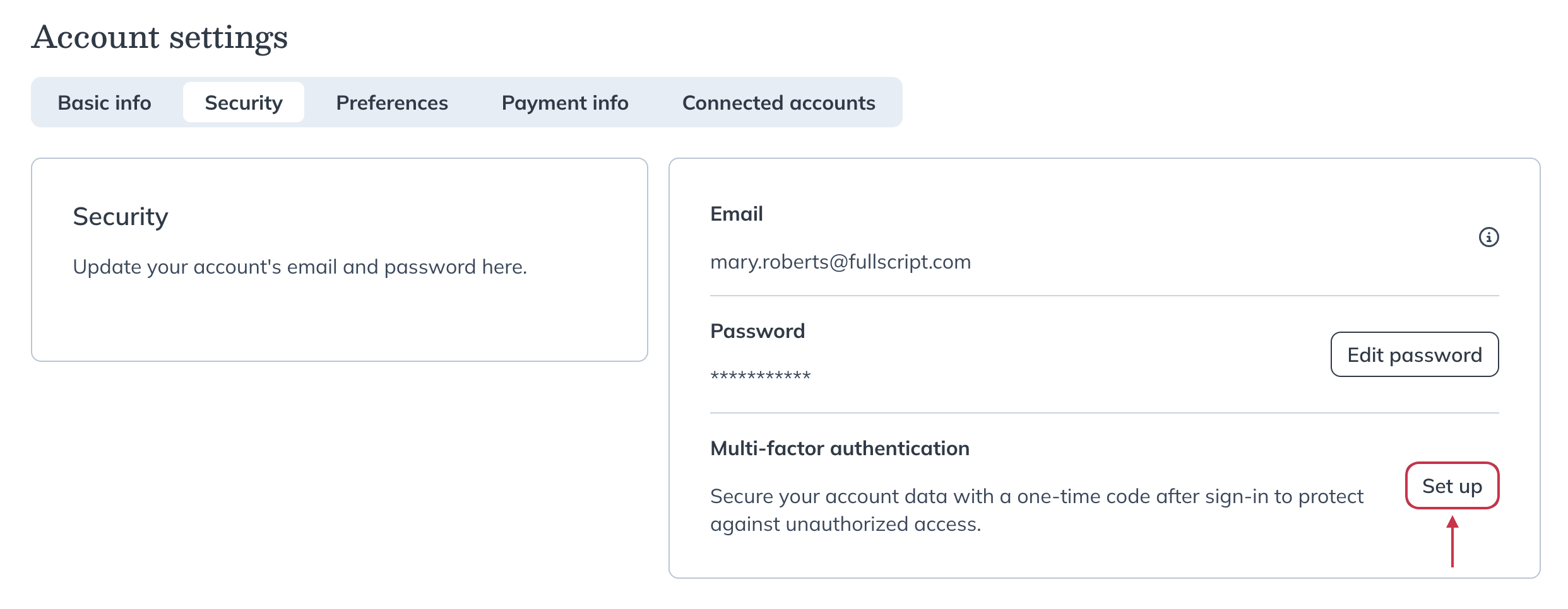 Under the Login information, find 2-step verification and click Set up