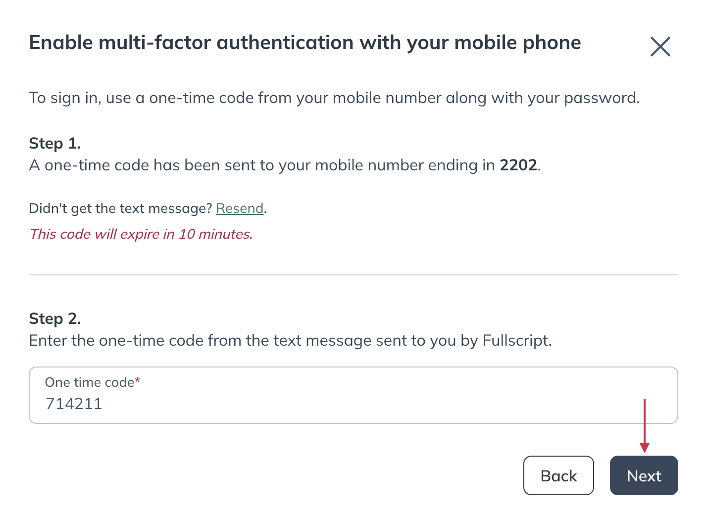 Enter the code sent to your mobile device and select Next.