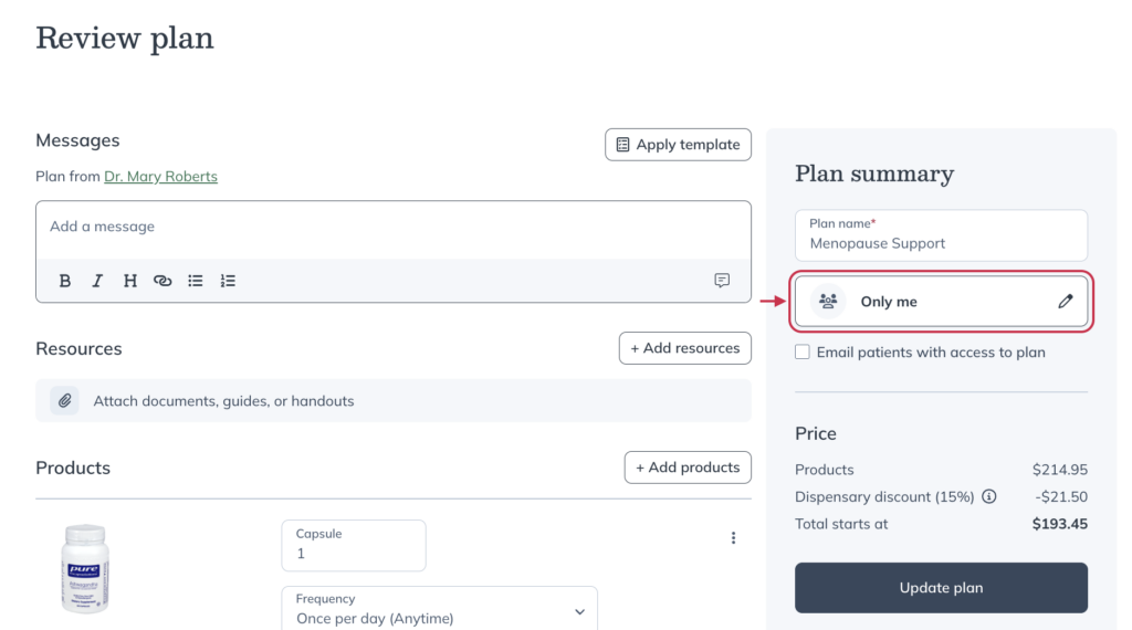 Setting plan access from the Review plan page.