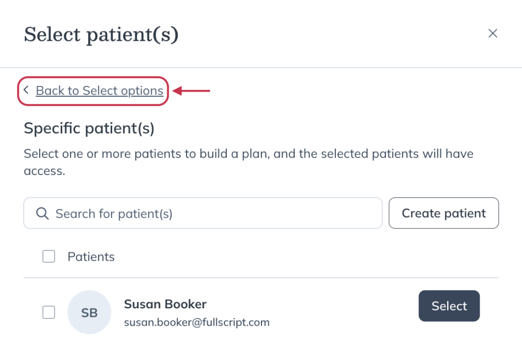Click Back to Select options.