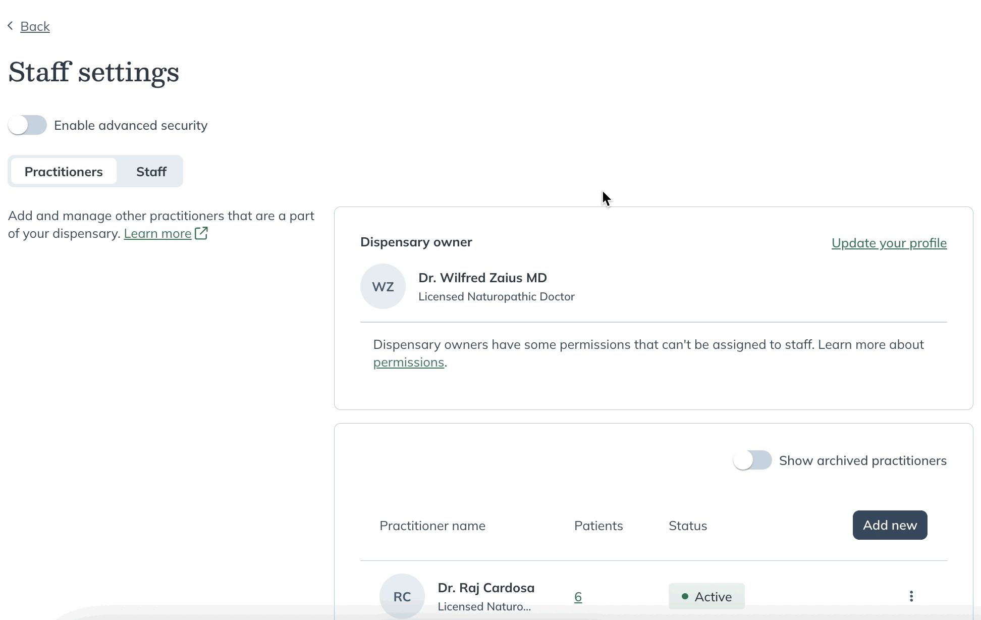 Archiving a practitioner account on the Staff settings page.
