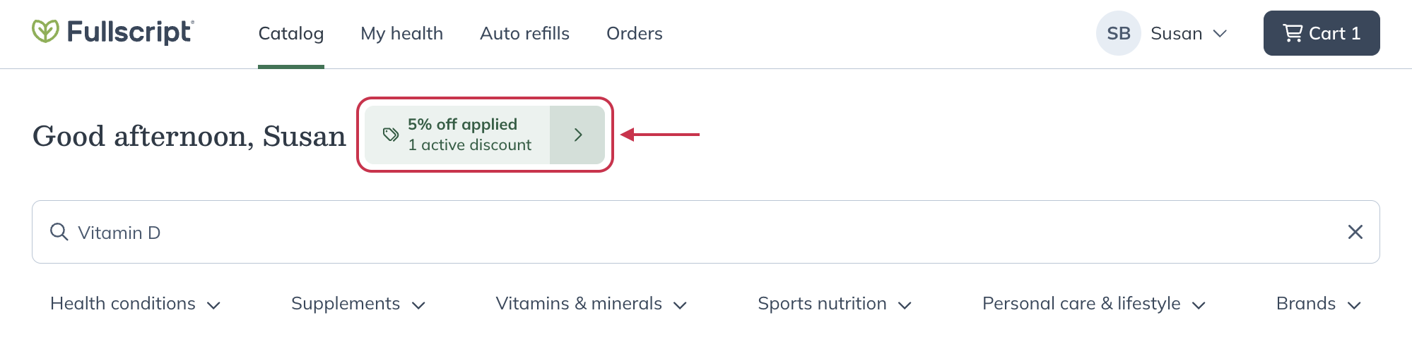 The patient catalog displaying the available discount (%).